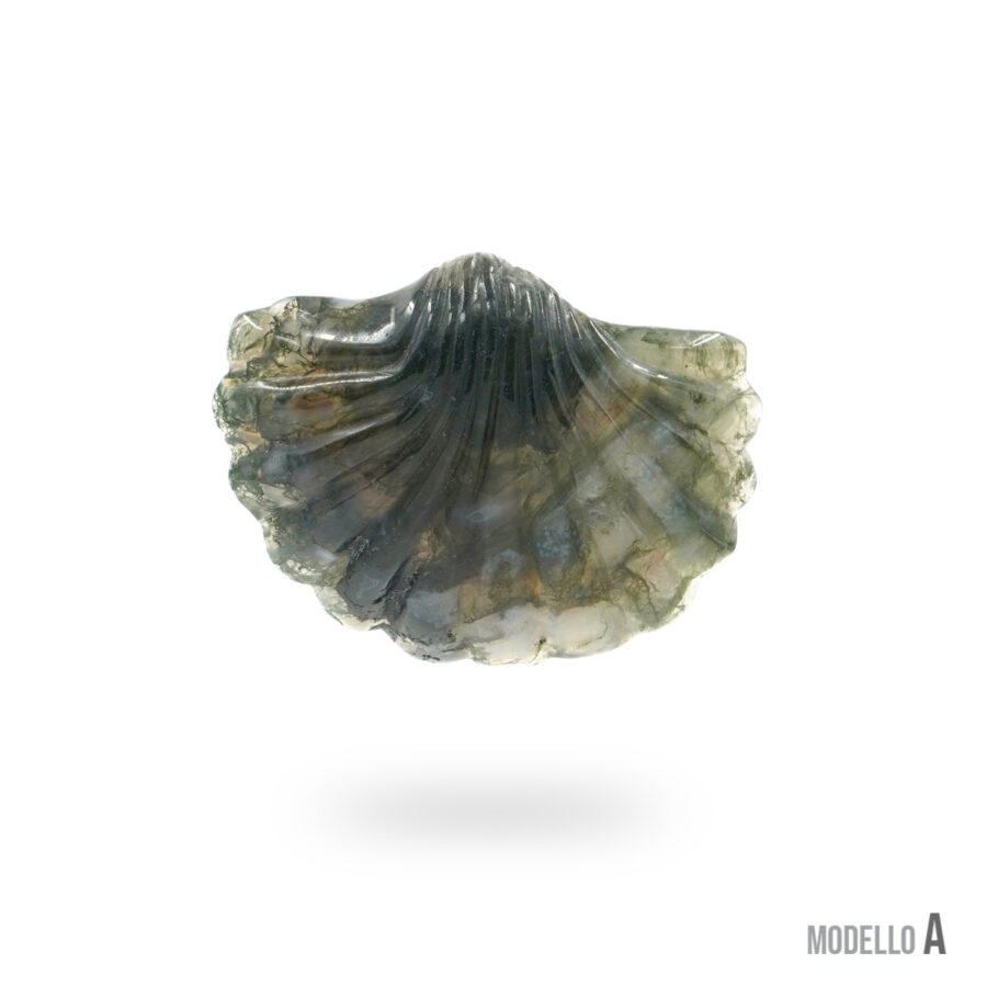 Pendente in agata muschiata, agata grigia, ossidiana forma conchiglia 60x45mm – Foro Posteriore