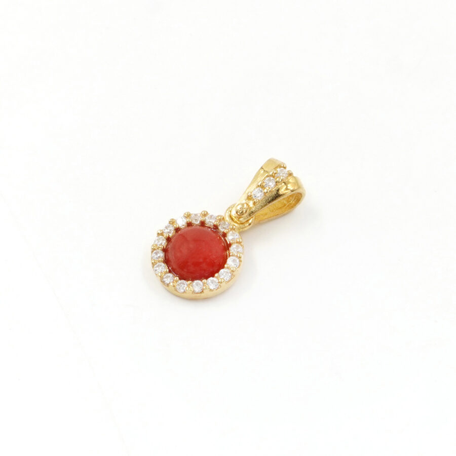 Pendente in Argento 925‰ con spola tonda di corallo e giro di zirconi – Dorato