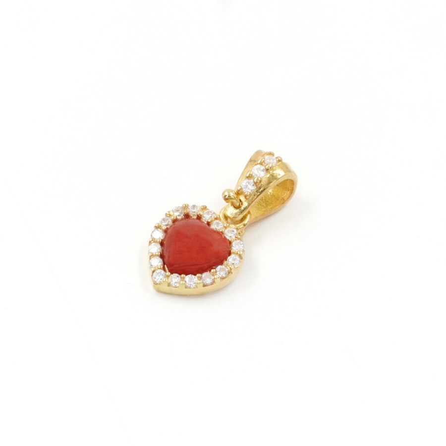 Pendente in Argento 925‰ con spola a cuore di corallo e giro di zirconi – Dorato