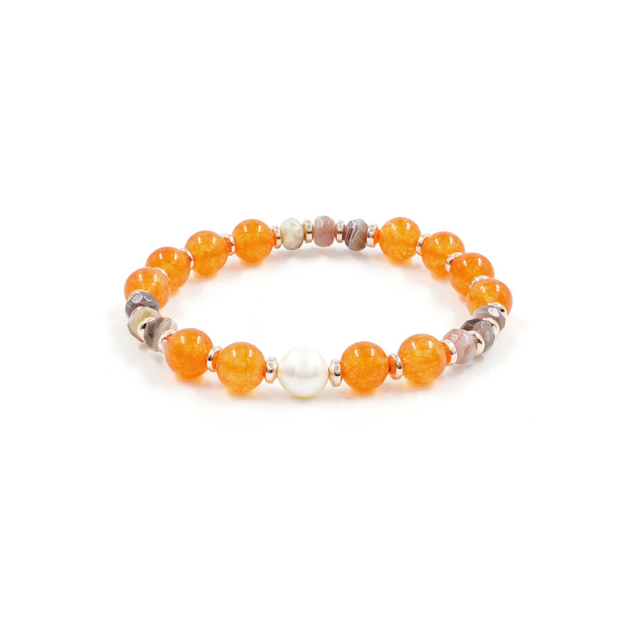 Bracciale Elastico con giada tinta arancio, agata botswana, perla, ematite