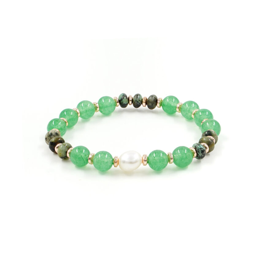 Bracciale Elastico con giada tinta verde, turchese africano, perla, ematite
