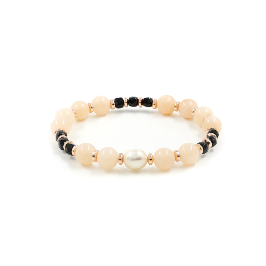 Bracciale Elastico con quarzo spugna rosa, spinello nero, perla, ematite