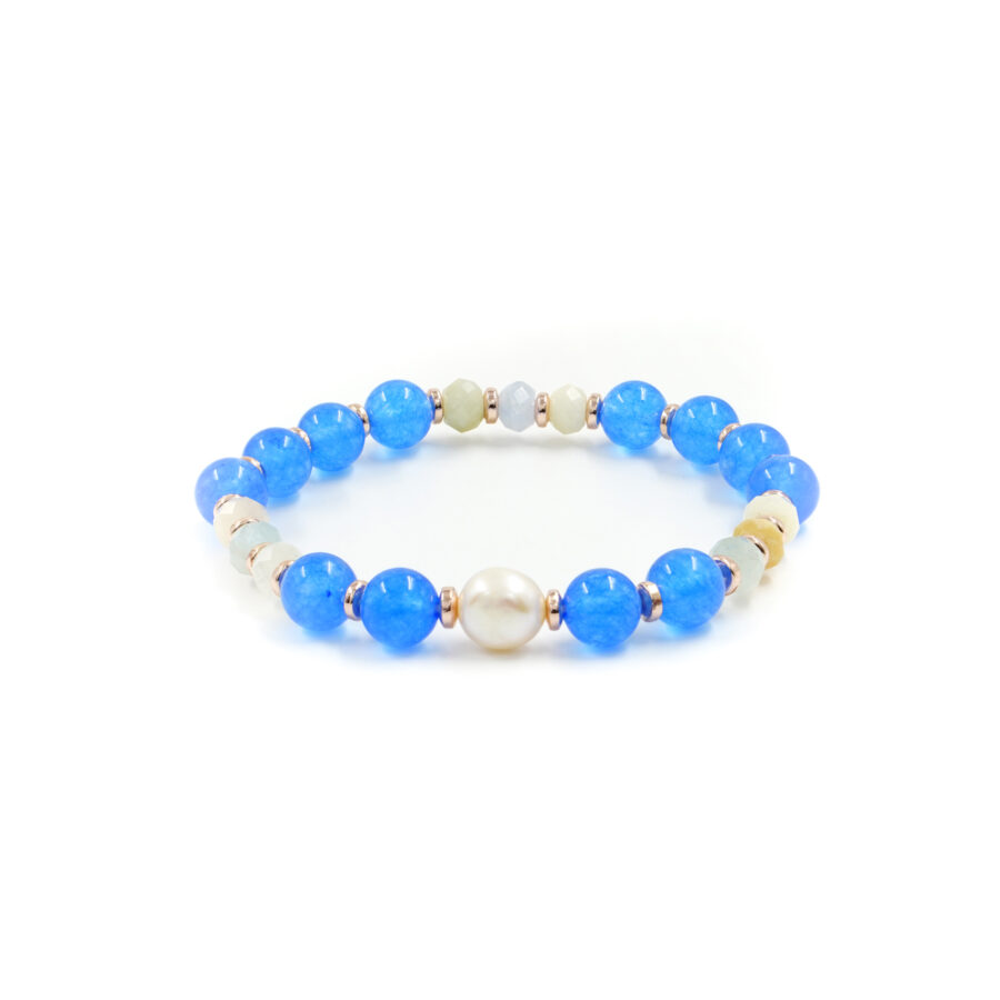 Bracciale Elastico con giada tinta azzurra, acquamarina, perla, ematite