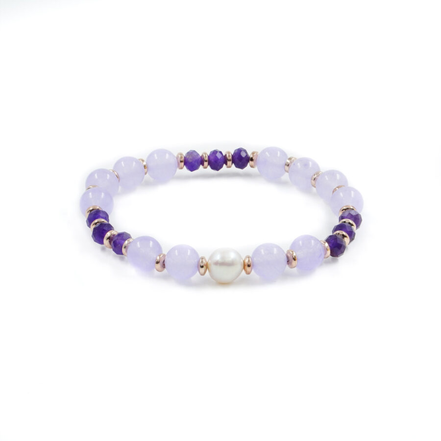 Bracciale Elastico con giada tinta viola, ametista, perla, ematite