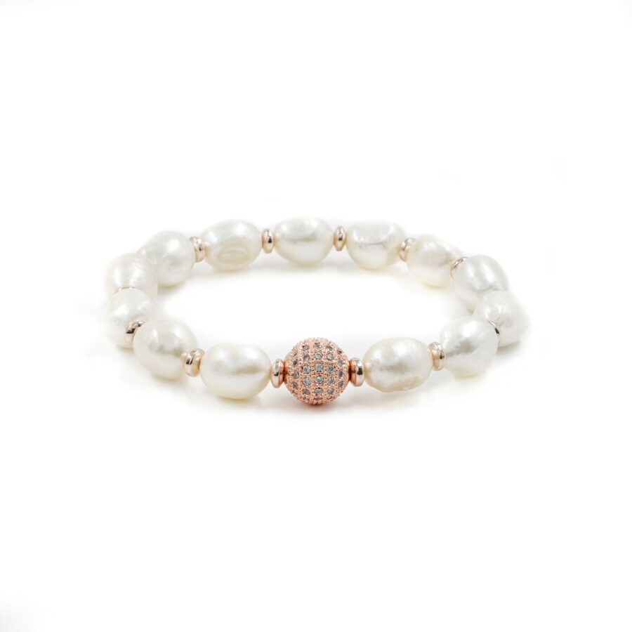 Bracciale Elastico con perle barocche, ematite, elemento in ottone rosato con zirconi bianchi