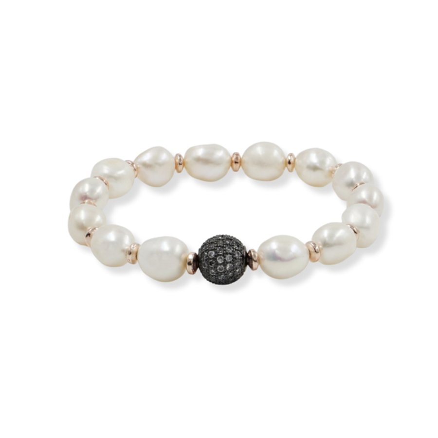 Bracciale Elastico con perle barocche, ematite, elemento in ottone nero con zirconi bianchi