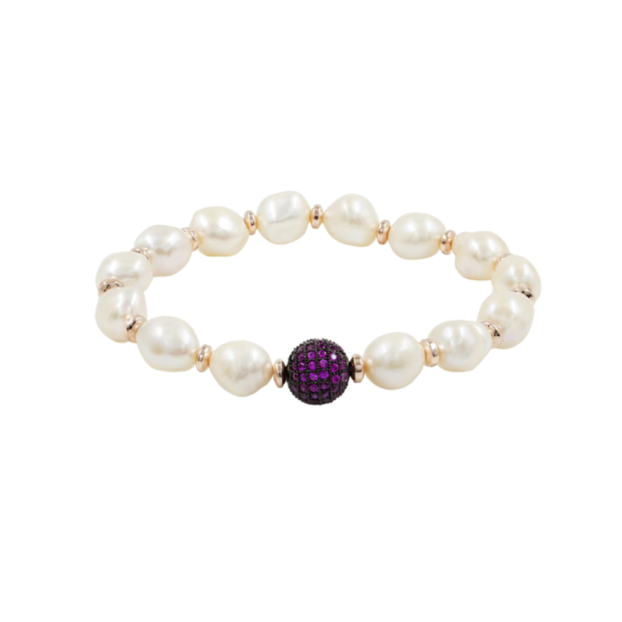 Bracciale Elastico con perle barocche, ematite, elemento in ottone nero con zirconi viola