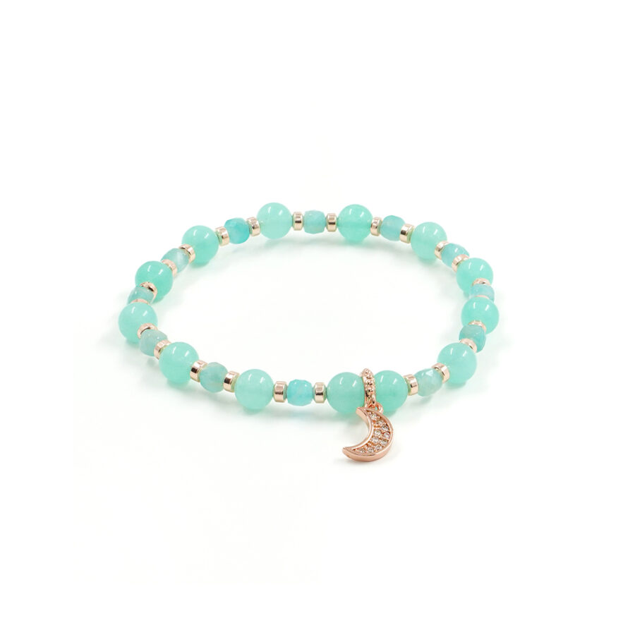 Bracciale Elastico con quarzo verde tinto, amazzonite, ematite, elemento in ottone rosato forma luna con zirconi