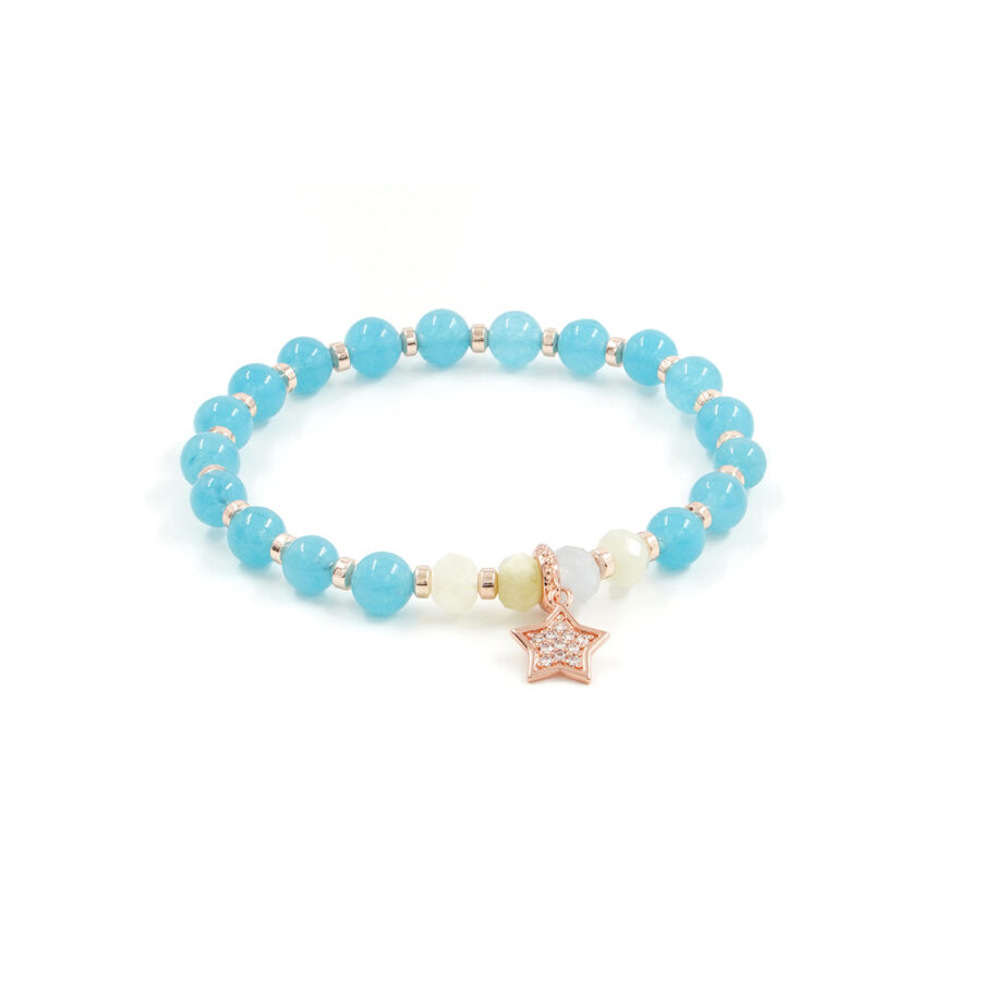 Bracciale Elastico con quarzo spugna azzurro, acquamarina, ematite, elemento in ottone rosato forma stella con zirconi