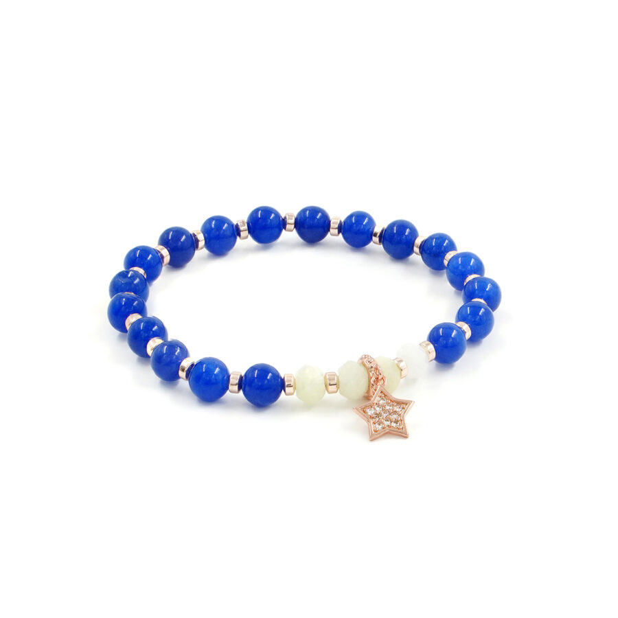 Bracciale Elastico con quarzo spugna blu, acquamarina, ematite, elemento in ottone rosato forma stella con zirconi
