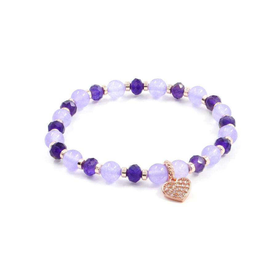 Bracciale Elastico con giada viola tinta, ametista, ematite, elemento in ottone rosato forma cuore con zirconi