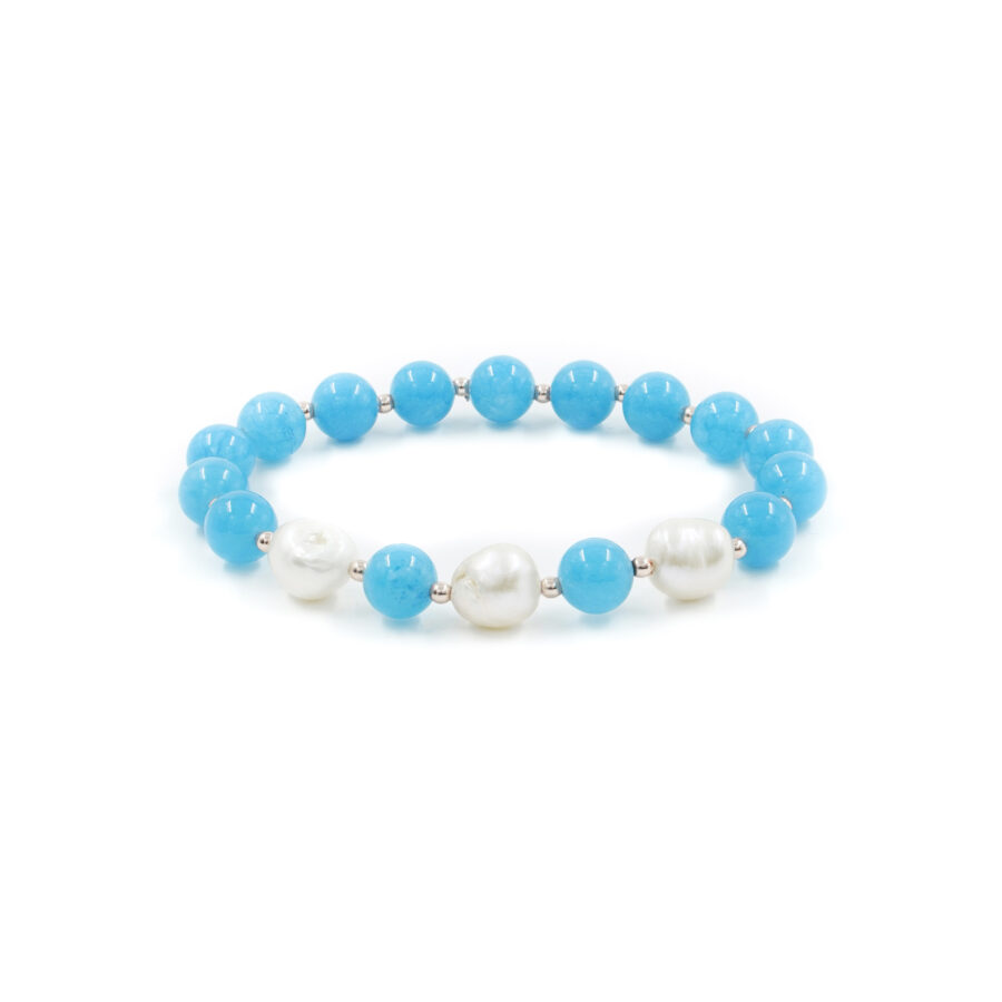 Bracciale Elastico con quarzo spugna azzurro, perla, ematite