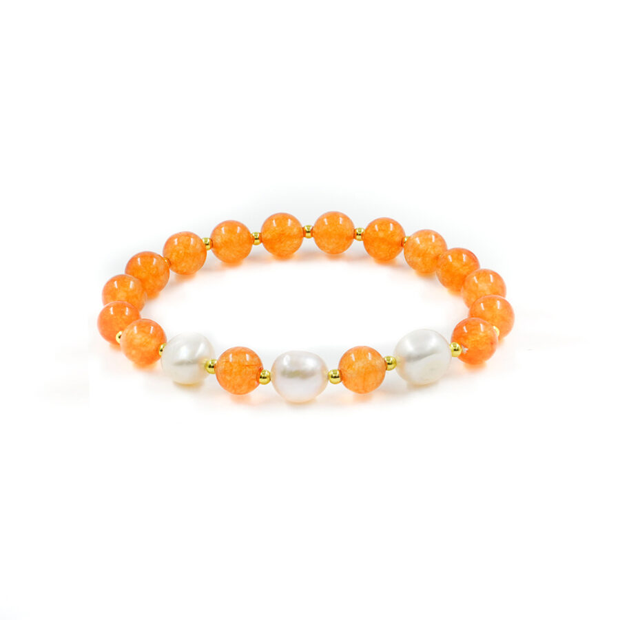 Bracciale Elastico con giada tinta arancio, perla, ematite
