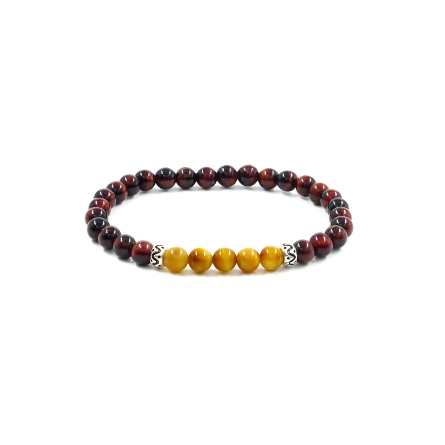 Bracciale Elastico con occhio di tigre dorato e rosso, elemento in argento 925