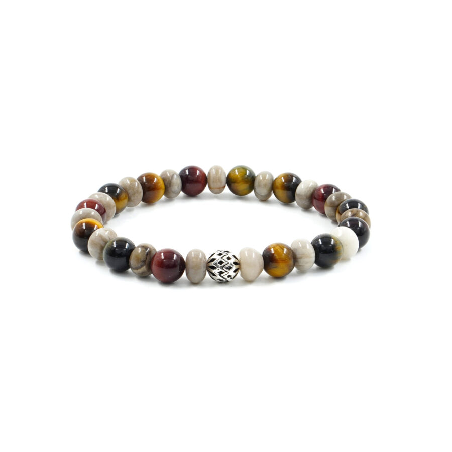 Bracciale Elastico con occhio di tigre multicolore, astrofillite, elemento in argento 925
