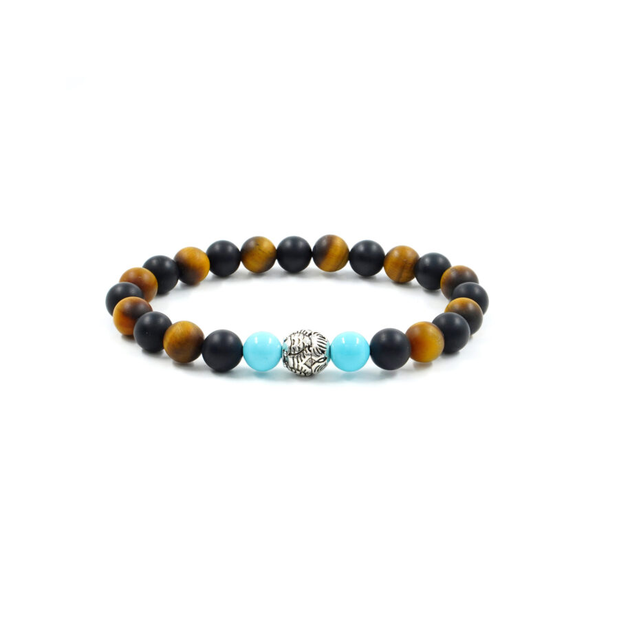 Bracciale Elastico con occhio di tigre satinati, agata nera satinata, pasta di turchese, elemento in argento 925