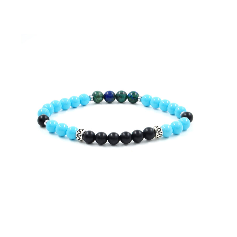 Bracciale Elastico con pasta di turchese, azzurrite, agata nera, ematite, elemento in argento 925
