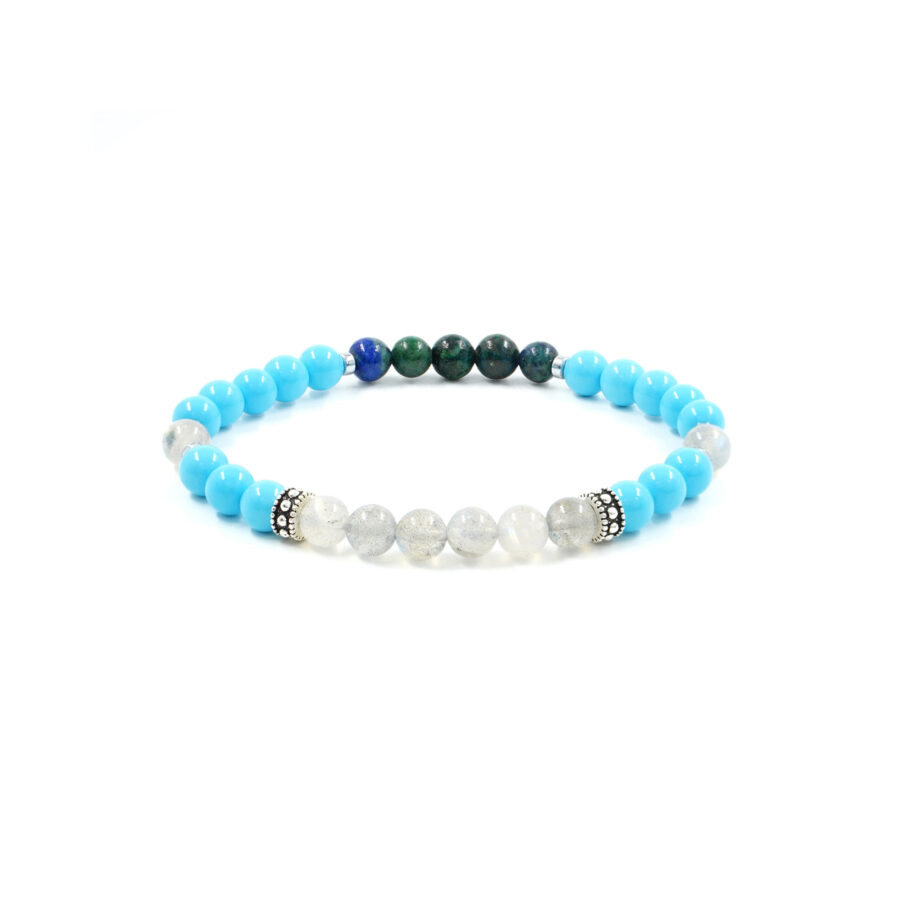 Bracciale Elastico con pasta di turchese, azzurrite, labradorite, ematite, elemento in argento 925