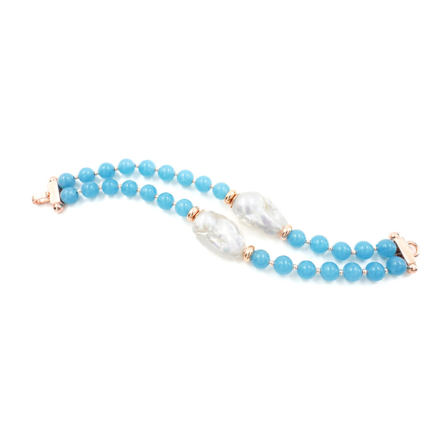 Bracciale con quarzo spugna azzurro, perla, ematite, chiusura in argento 925 – Rosato