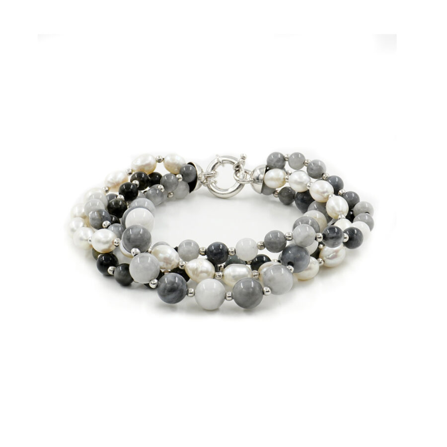 Bracciale Multifilo con occhio d'aquila, perla, ematite, chiusura in argento 925 – Rodiato