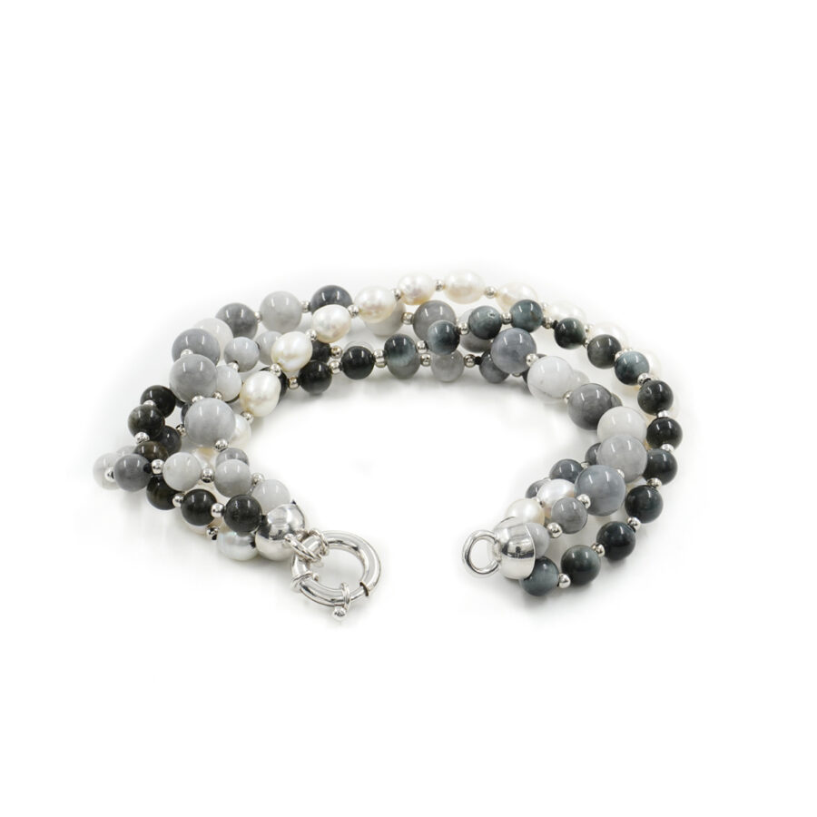Bracciale Multifilo con occhio d'aquila, perla, ematite, chiusura in argento 925 – Rodiato - immagine 2