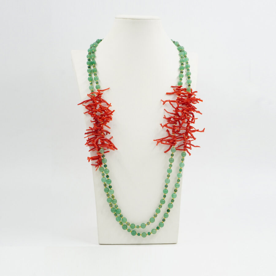 Collana Multifilo con avventurina, corallo, chiusura in argento 925 – Dorato