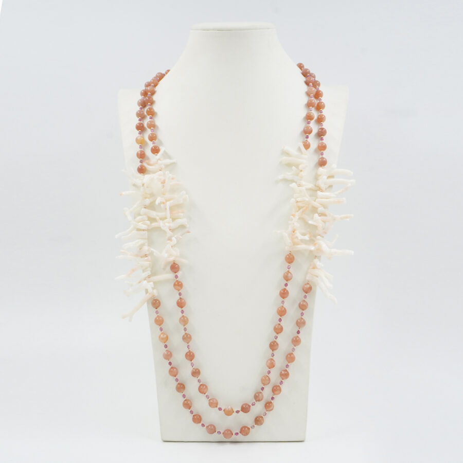 Collana Multifilo con pietra di Luna rosa, corallo bianco, ematite, chiusura in argento 925 – Rosato
