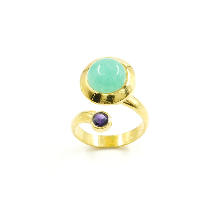Anello in argento 925 con quarzo spugna verde e zircone – Dorato