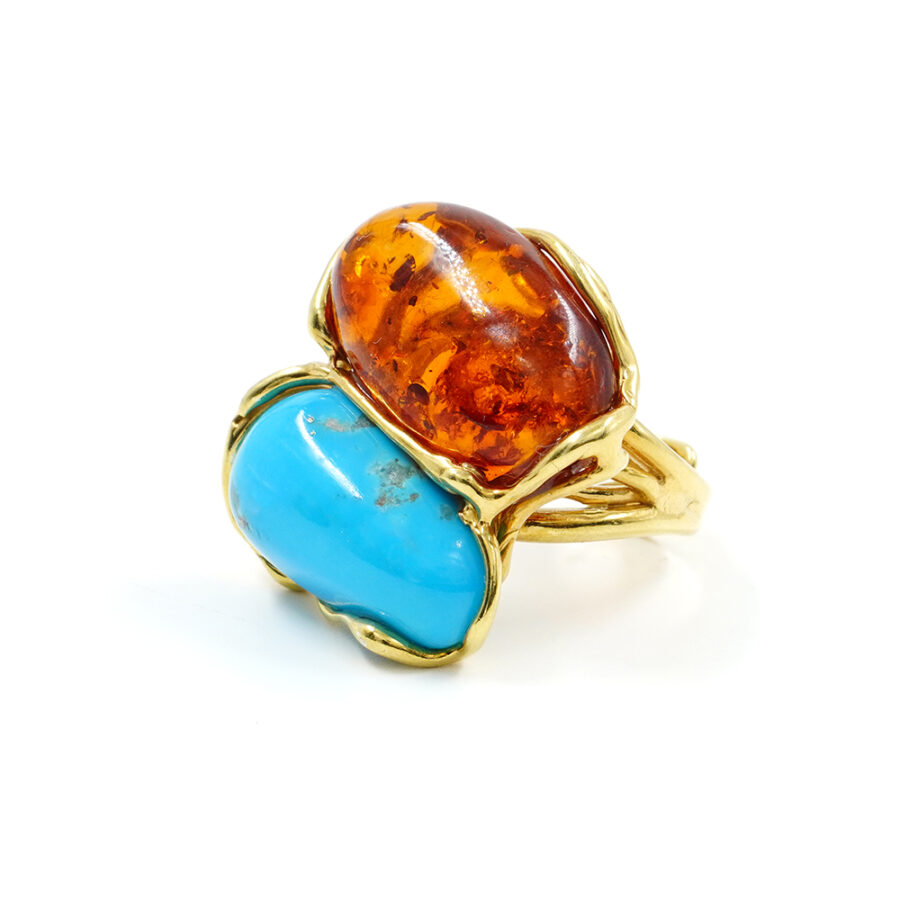 Anello in argento 925 con turchese naturale, ambra – Dorato