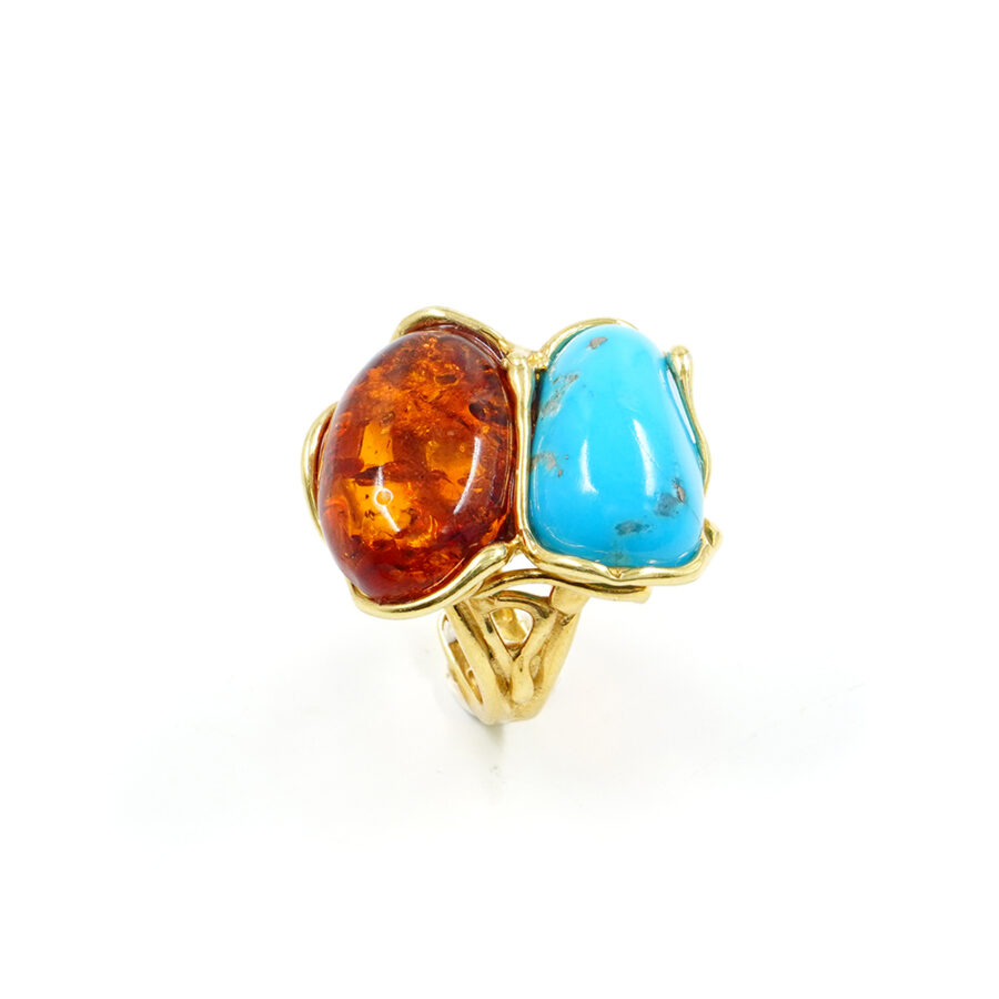 Anello in argento 925 con turchese naturale, ambra – Dorato - immagine 2