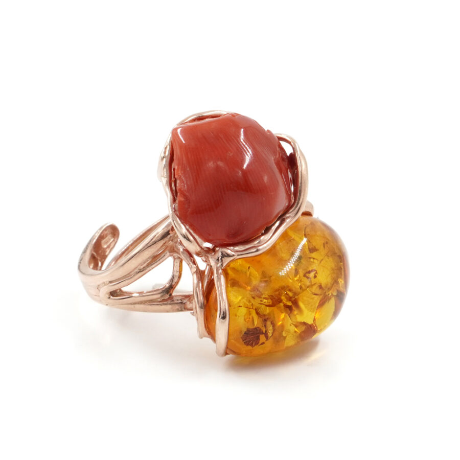 Anello in argento 925 con corallo, ambra – Rosato