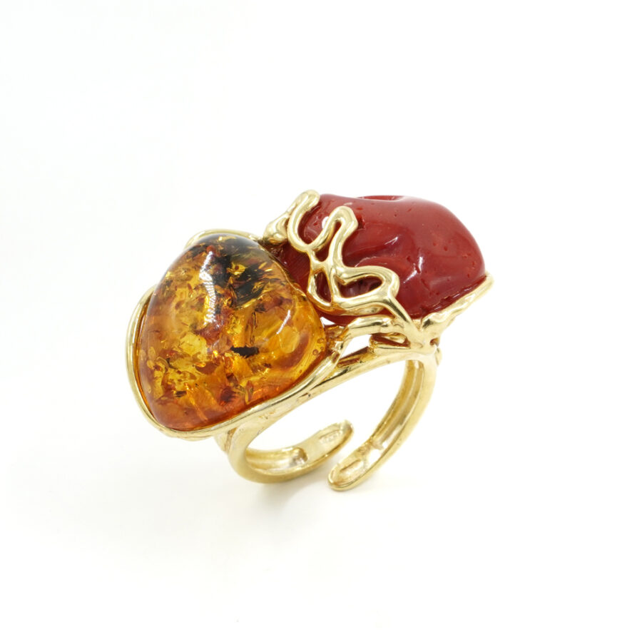 Anello in argento 925 con corallo, ambra - Dorato