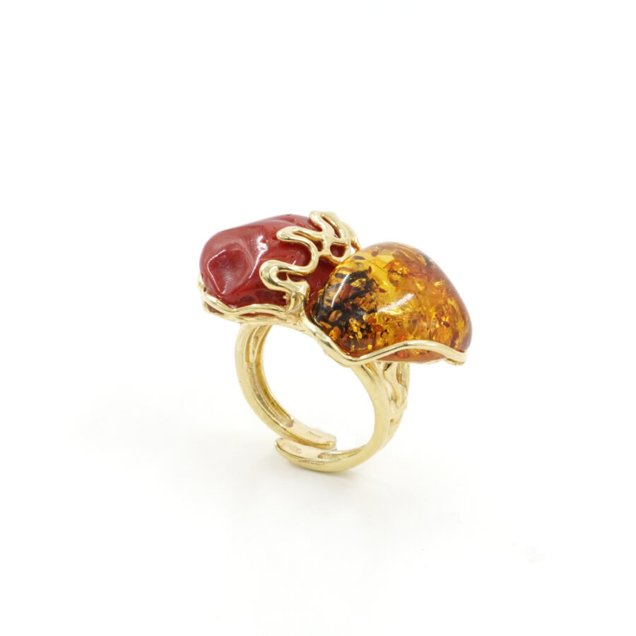 Anello in argento 925 con corallo, ambra - Dorato - immagine 3