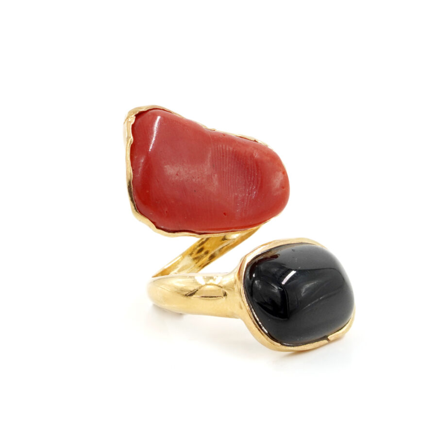 Anello in argento 925 con corallo, agata nera - Dorato - immagine 2