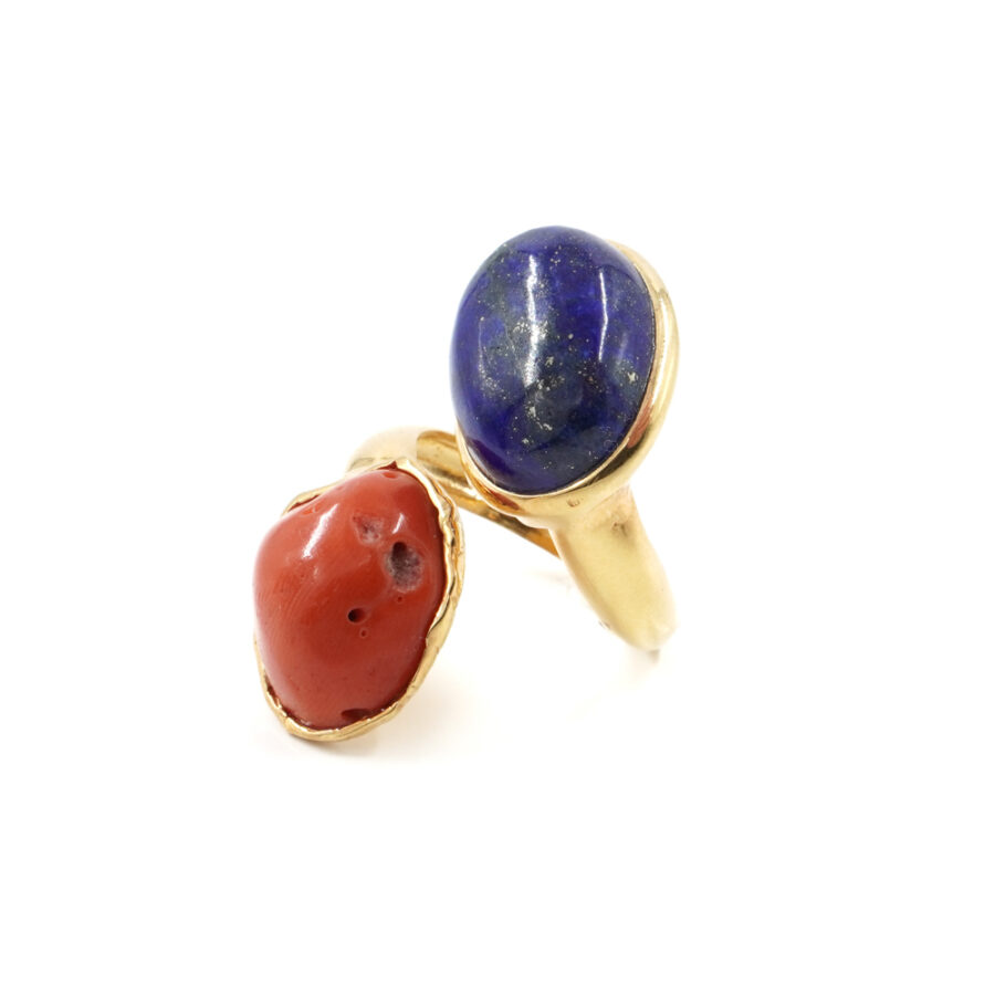 Anello in argento 925 con corallo, lapis – Dorato
