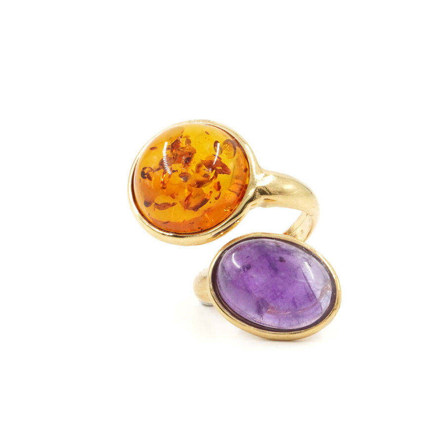 Anello in argento 925 con ambra, ametista – Dorato