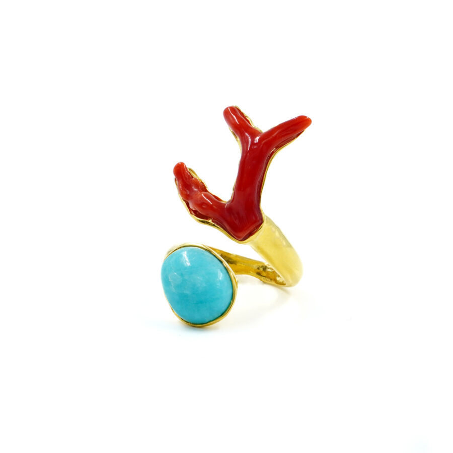Anello in argento 925 con corallo, amazzonite – Dorato