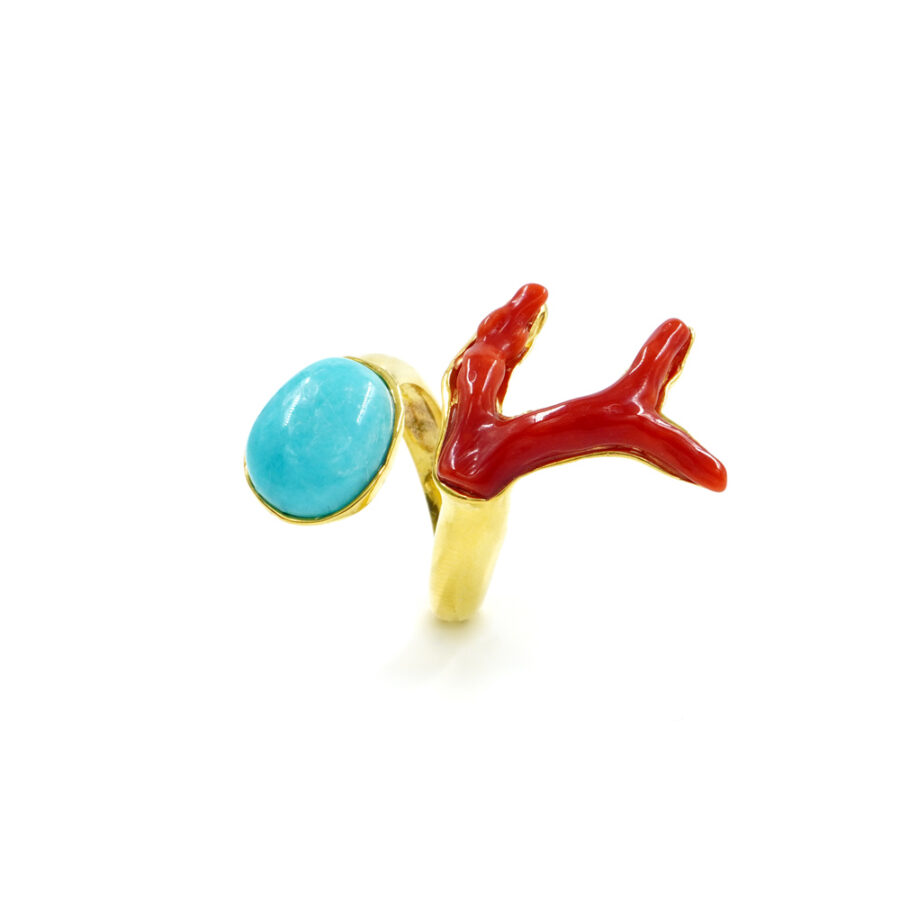 Anello in argento 925 con corallo, amazzonite – Dorato - immagine 2