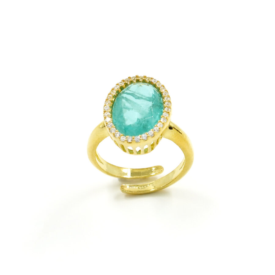 Anello in argento 925 con zirconi e cristallo colore verde (paraiba) – Dorato
