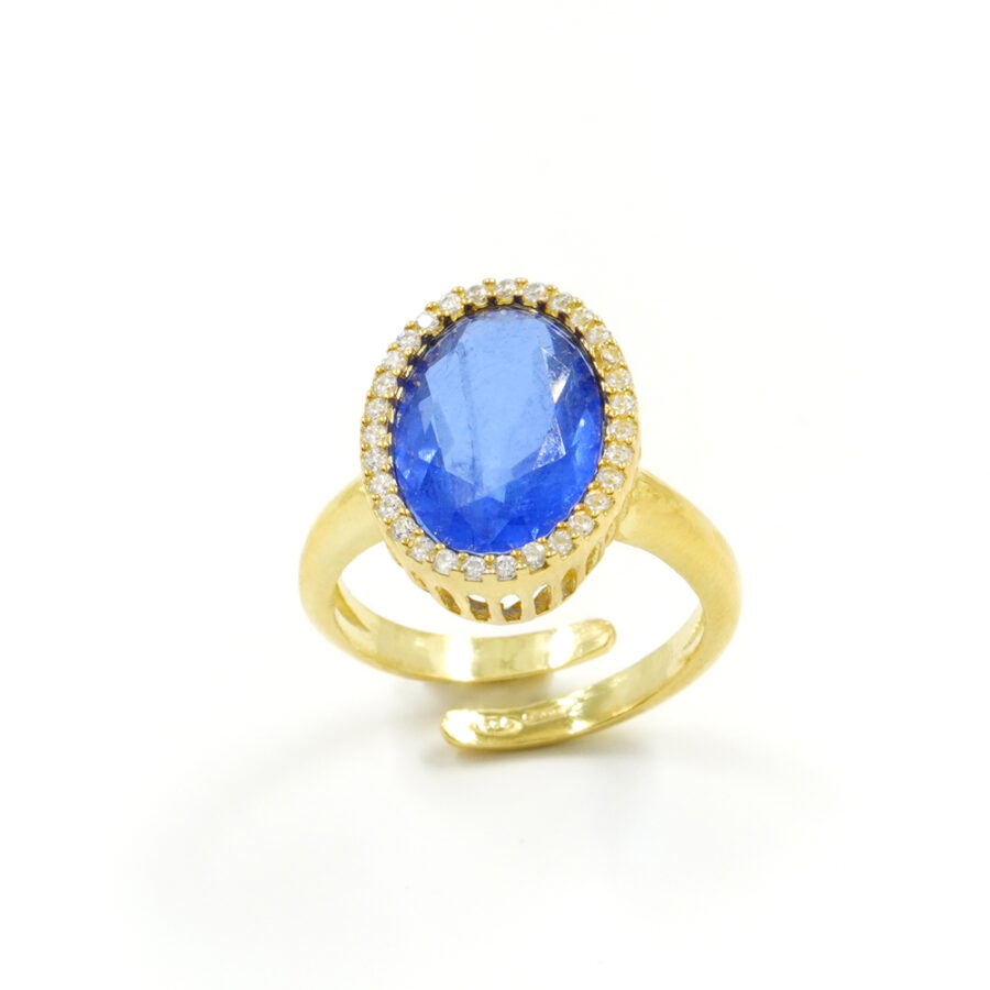 Anello in argento 925 con zirconi e cristallo colore zaffiro - Dorato