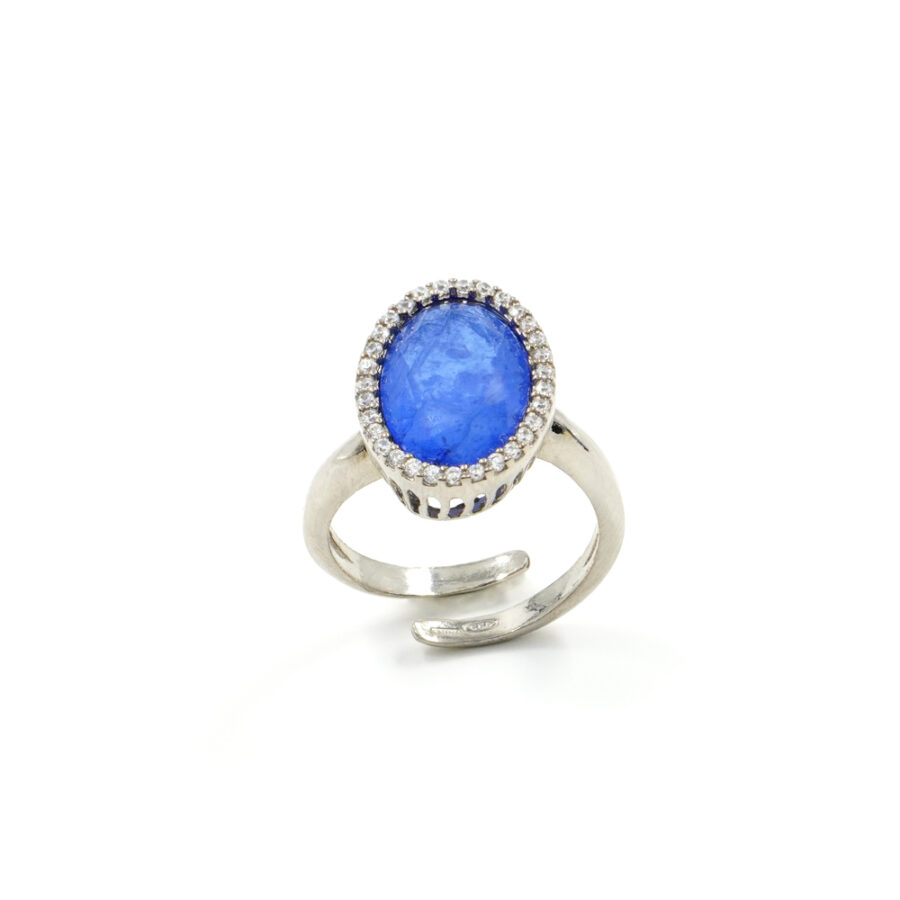 Anello in argento 925 con zirconi e cristallo colore zaffiro – Platinato