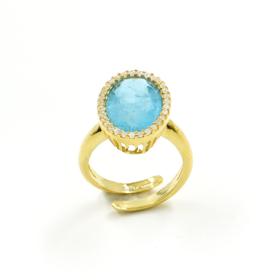 Anello in argento 925 con zirconi e cristallo colore acquamarina - Dorato