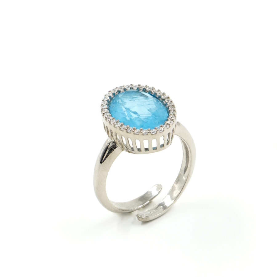 Anello in argento 925 con zirconi e cristallo colore acquamarina – Platinato - immagine 2