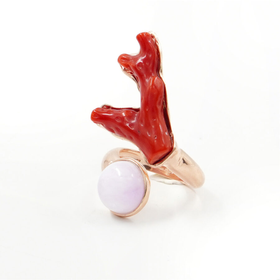 Anello in argento 925 con kunzite, ramo di corallo – Rosato