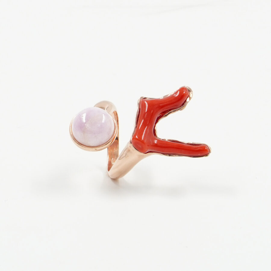 Anello in argento 925 con kunzite, ramo di corallo – Rosato - immagine 2