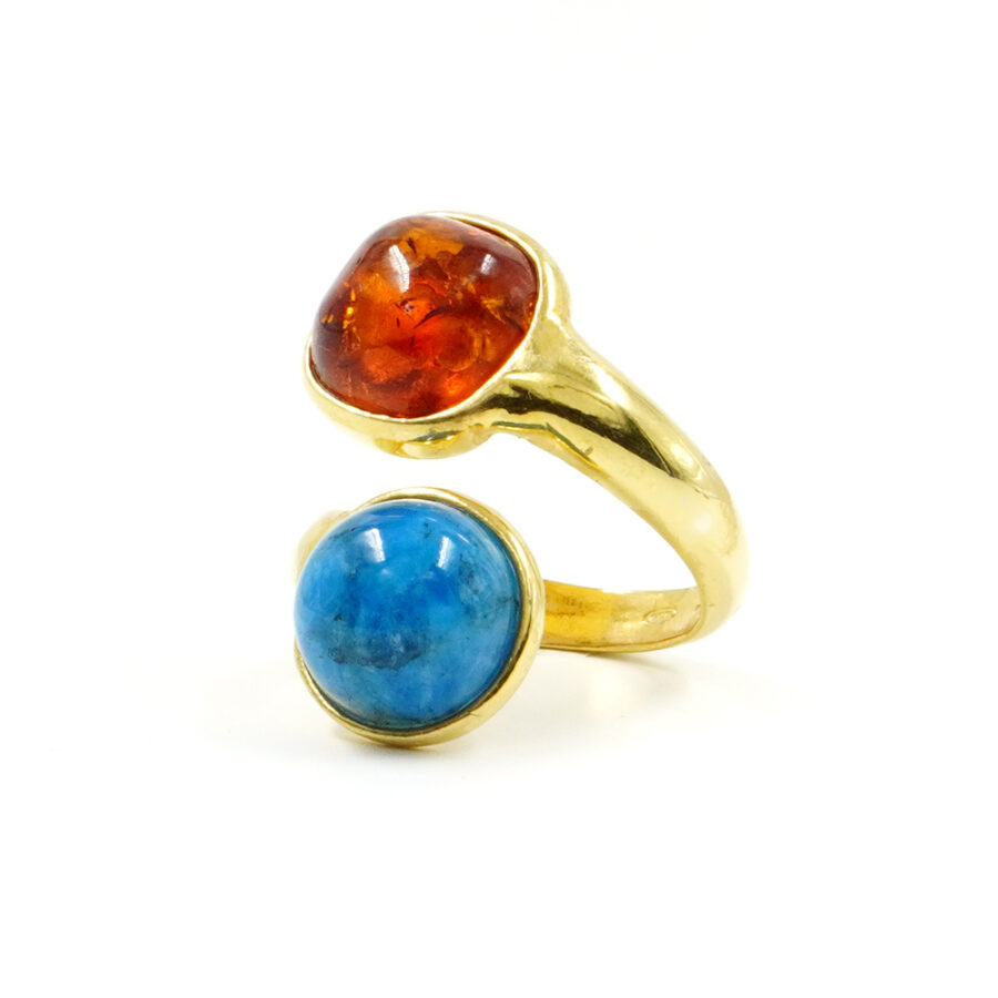 Anello in argento 925 con ambra, apatite – Dorato