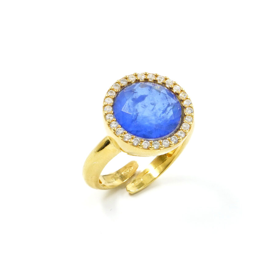 Anello in argento 925 con zirconi e cristallo colore zaffiro – Dorato