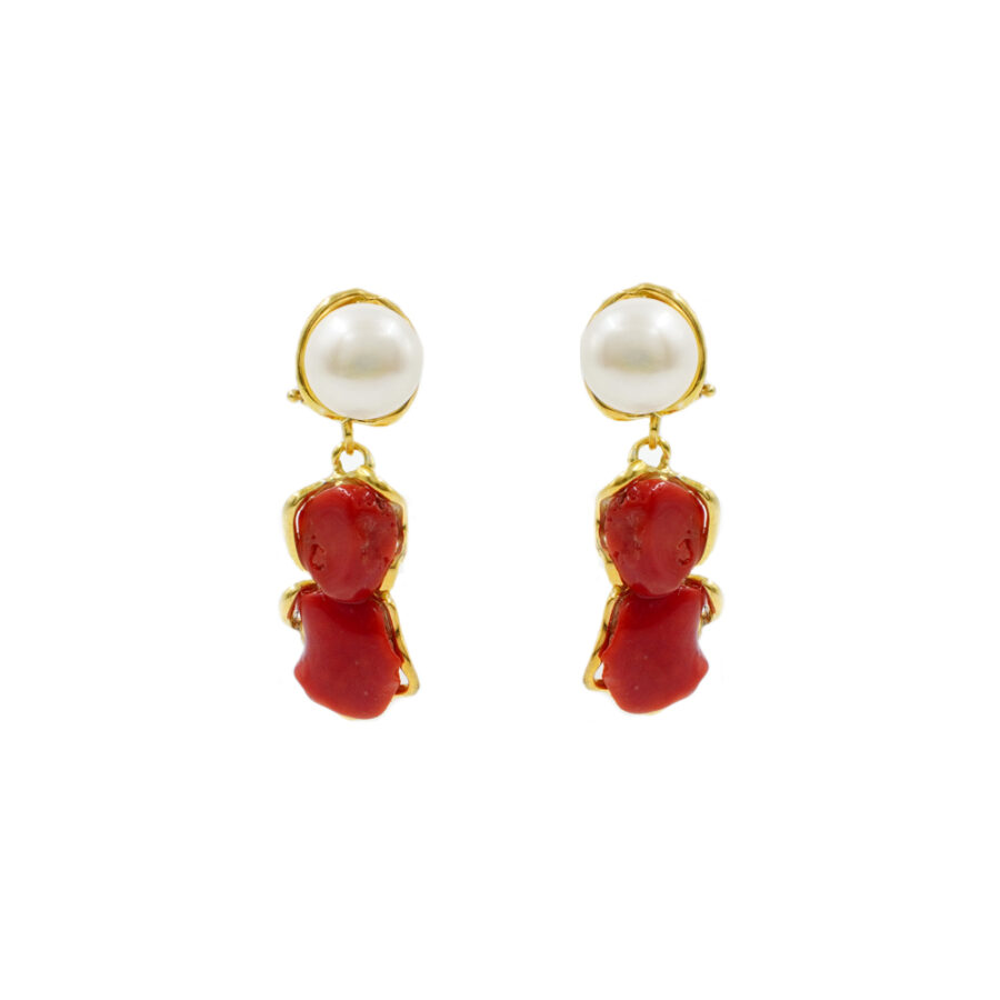 Orecchini in argento 925 con corallo, perle – Dorato