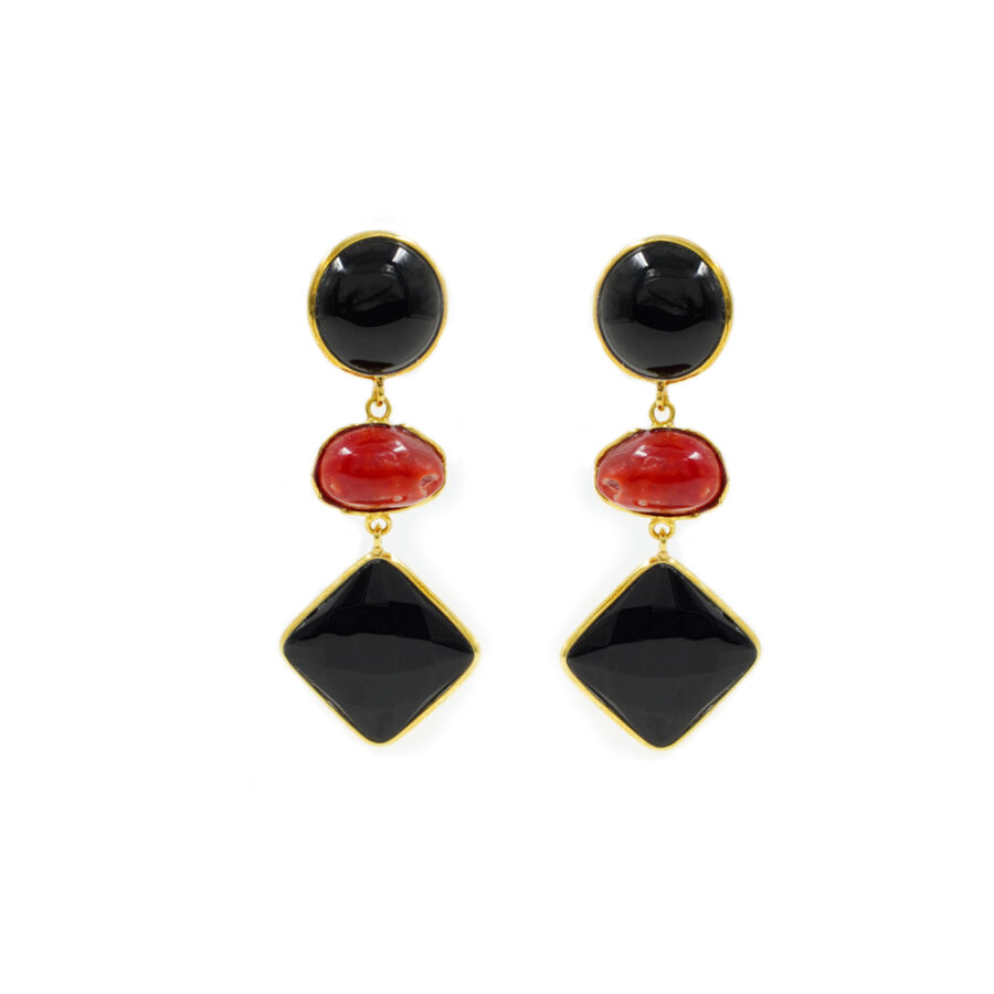 Orecchini in argento 925 con corallo, agata nera – Dorato