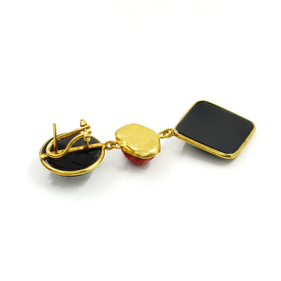 Orecchini in argento 925 con corallo, agata nera – Dorato - immagine 2